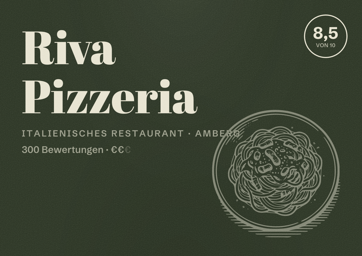 Illustriertes Poster von Riva Pizzeria, Italienisches Restaurant in Amberg: Bewertung 8,5 von 10 aus 300 Bewertungen, Preisniveau €€