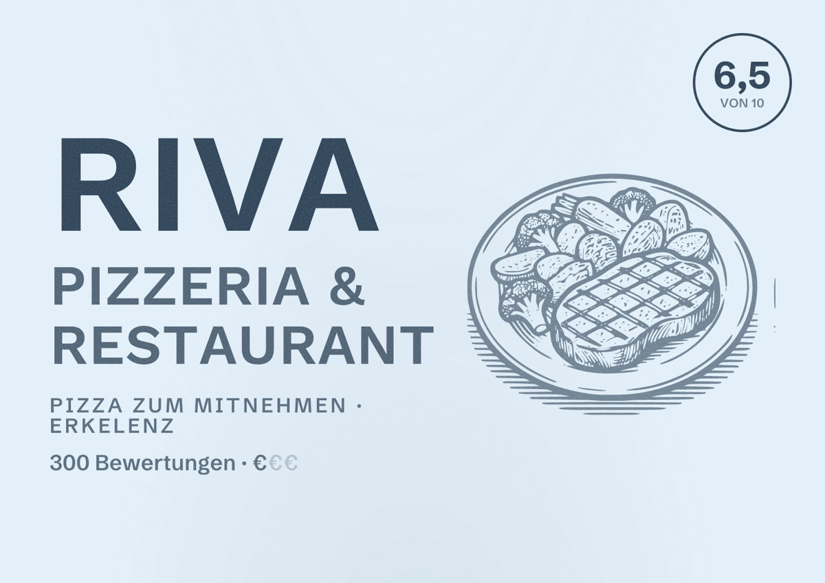 Illustriertes Poster von RIVA Pizzeria & Restaurant, Pizza zum Mitnehmen in Erkelenz: Bewertung 6,5 von 10 aus 300 Bewertungen, Preisniveau €