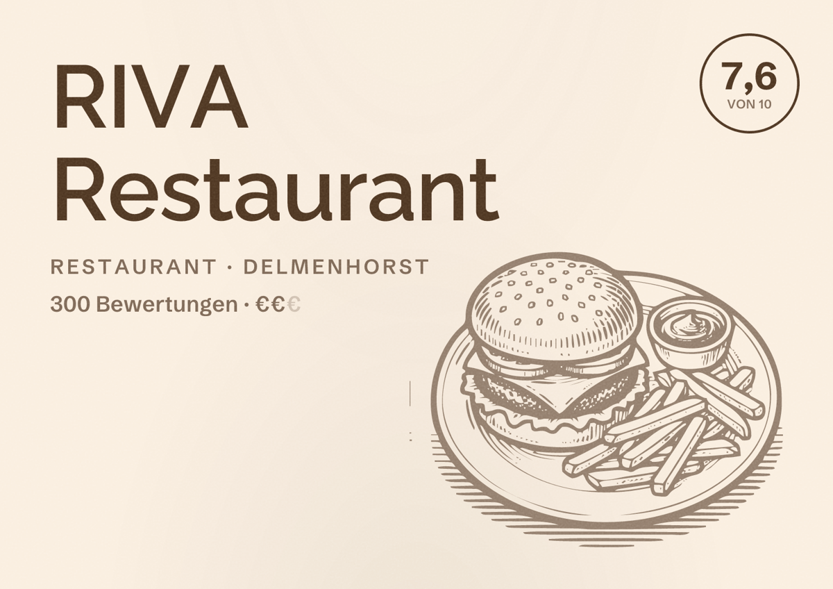 Illustriertes Poster von RIVA Restaurant, Restaurant in Delmenhorst: Bewertung 7,6 von 10 aus 300 Bewertungen, Preisniveau €€