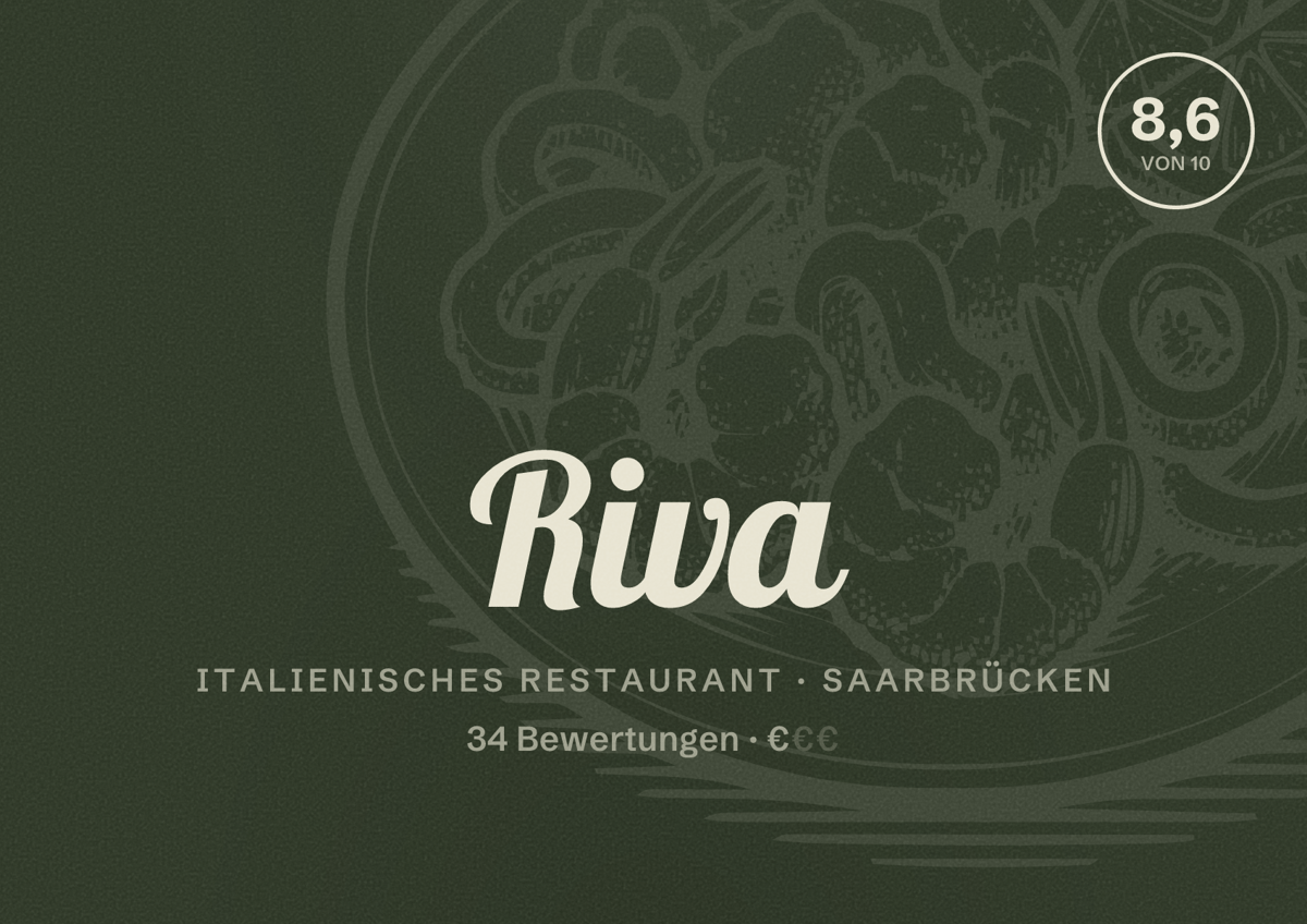 Illustriertes Poster von Riva, Italienisches Restaurant in Saarbrücken: Bewertung 8,6 von 10 aus 34 Bewertungen, Preisniveau €