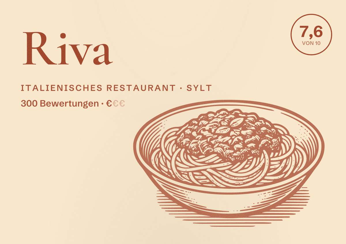 Illustriertes Poster von Riva, Italienisches Restaurant in Sylt: Bewertung 7,6 von 10 aus 300 Bewertungen, Preisniveau €