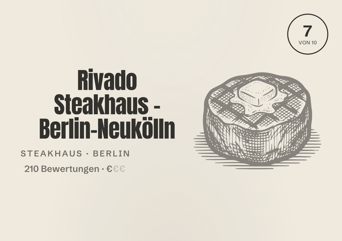 Illustriertes Poster von Rivado Steakhaus - Berlin-Neukölln, Steakhaus in Berlin: Bewertung 7,0 von 10 aus 210 Bewertungen, Preisniveau €