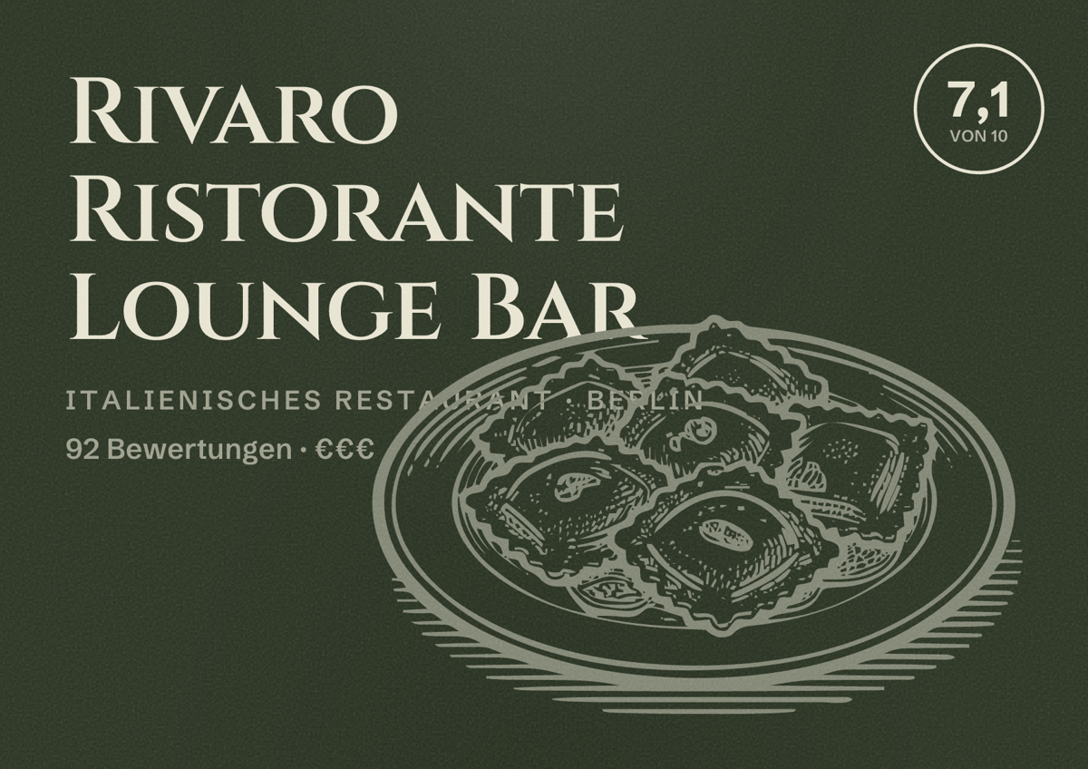 Illustriertes Poster von Rivaro Ristorante Lounge Bar, Italienisches Restaurant in Berlin: Bewertung 7,1 von 10 aus 92 Bewertungen, Preisniveau €€€