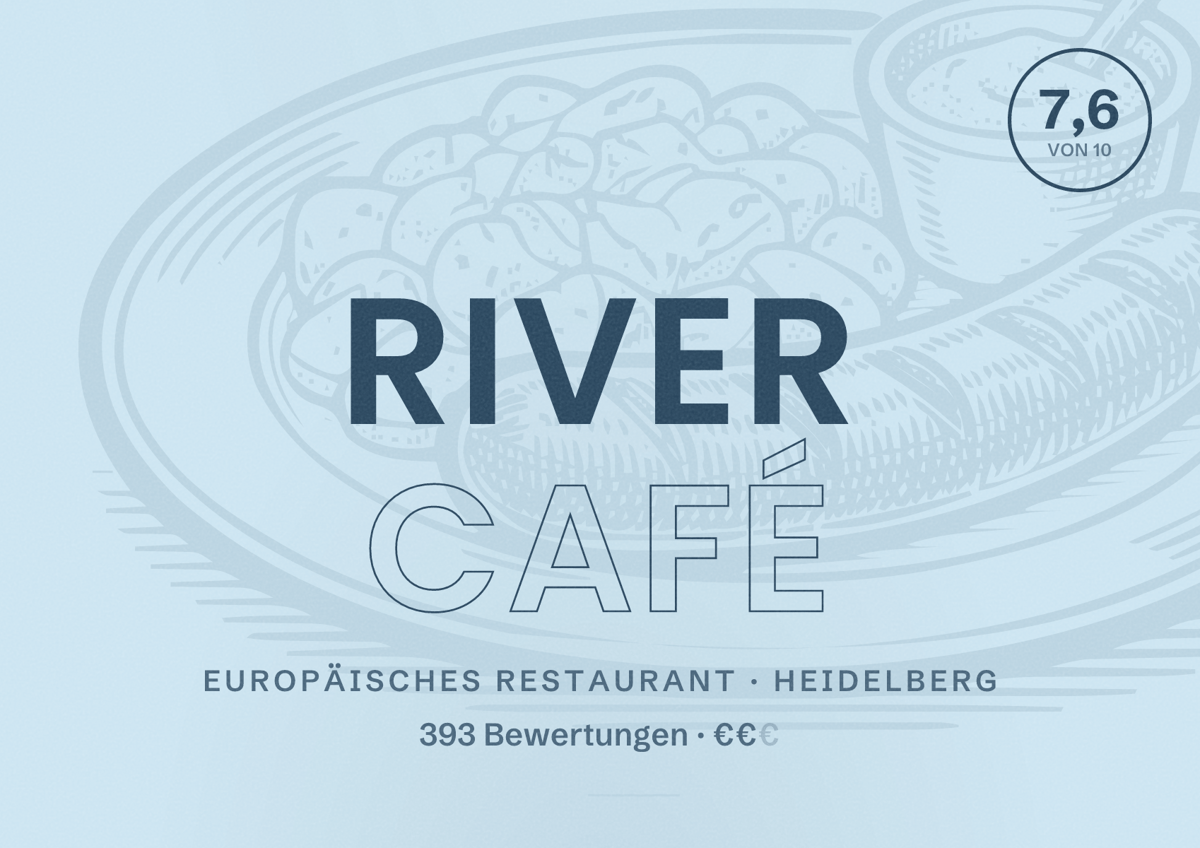 Illustriertes Poster von River Café, Europäisches Restaurant in Heidelberg: Bewertung 7,6 von 10 aus 393 Bewertungen, Preisniveau €€
