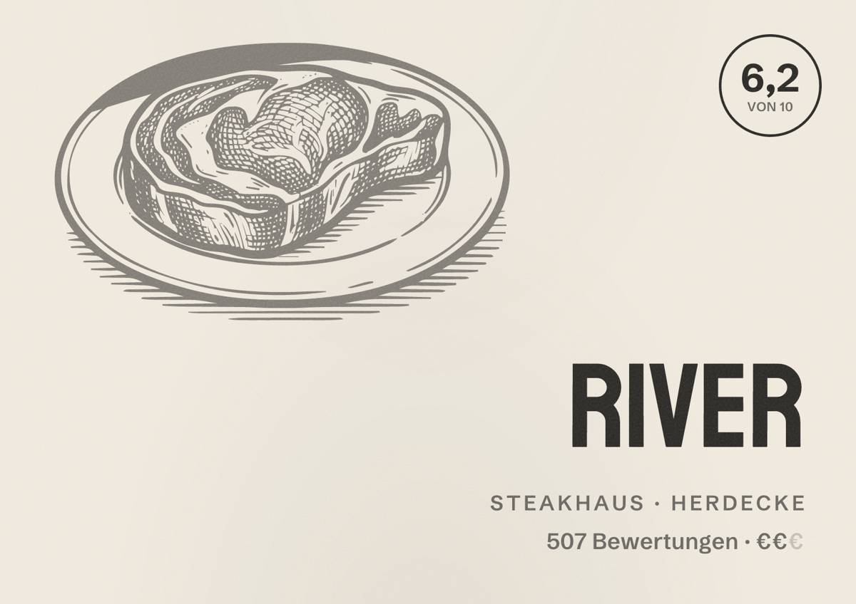 Illustriertes Poster von River, Steakhaus in Herdecke: Bewertung 6,2 von 10 aus 507 Bewertungen, Preisniveau €€