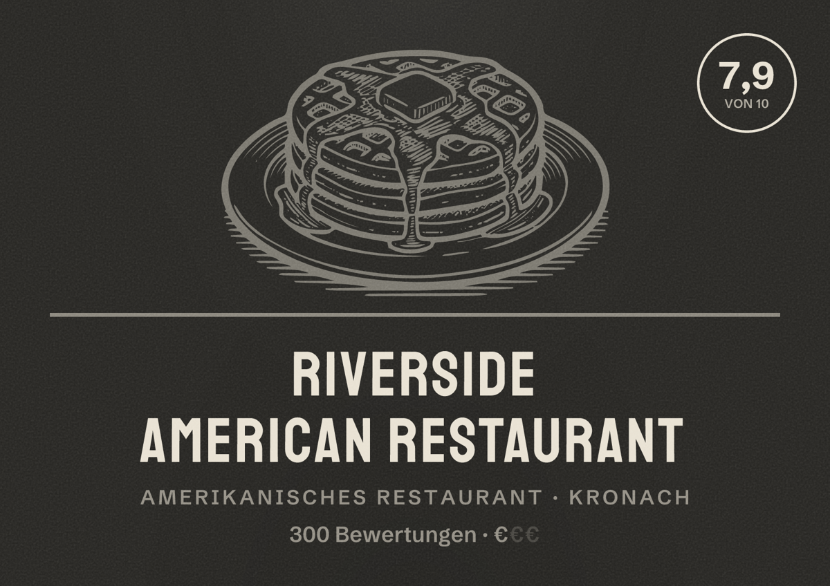 Illustriertes Poster von Riverside American Restaurant, Amerikanisches Restaurant in Kronach: Bewertung 7,9 von 10 aus 300 Bewertungen, Preisniveau €