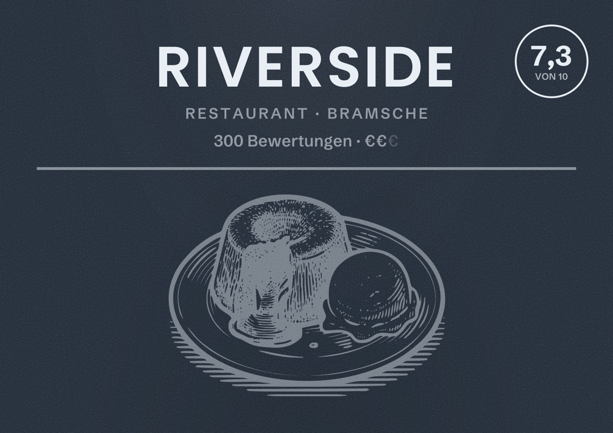 Illustriertes Poster von Riverside, Restaurant in Bramsche: Bewertung 7,3 von 10 aus 300 Bewertungen, Preisniveau €€