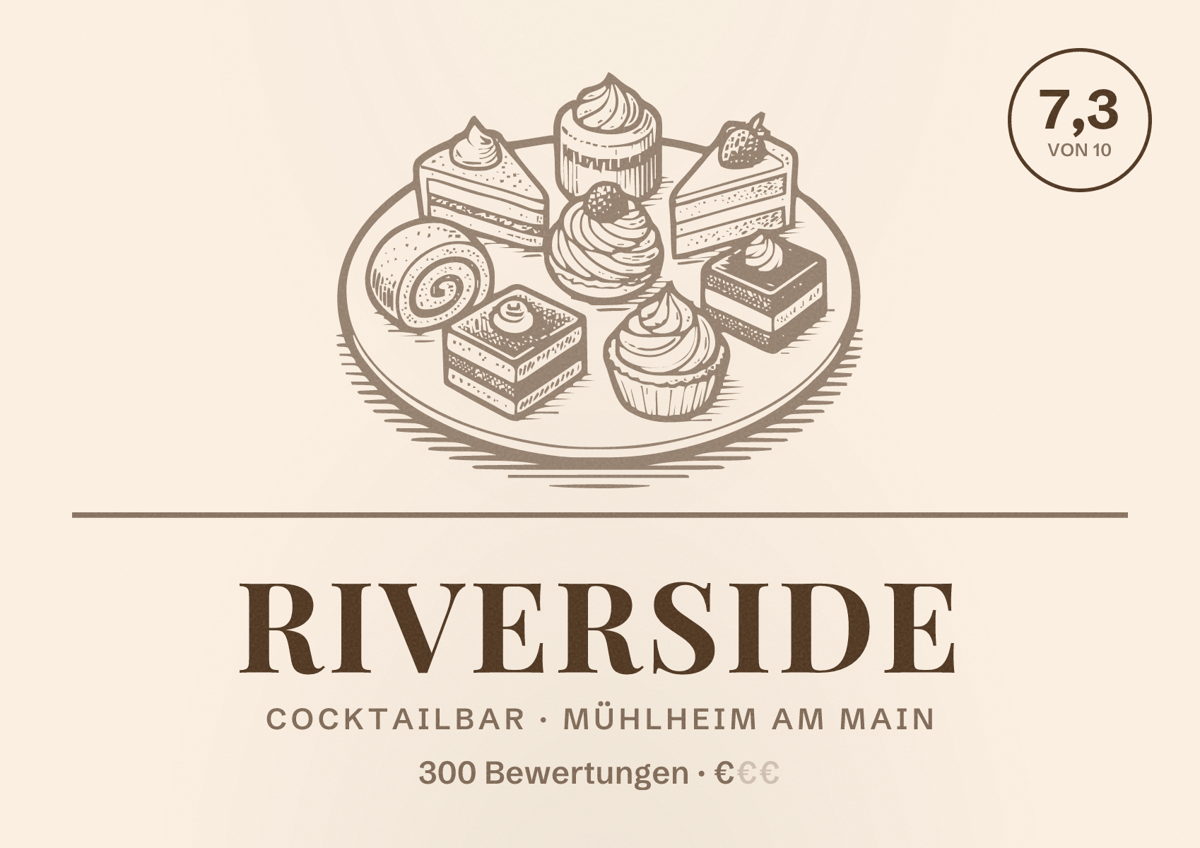 Illustriertes Poster von Riverside, Cocktailbar in Mühlheim am Main: Bewertung 7,3 von 10 aus 300 Bewertungen, Preisniveau €