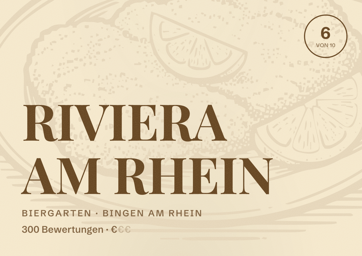 Illustriertes Poster von RIVIERA AM RHEIN, Biergarten in Bingen am Rhein: Bewertung 6 von 10 aus 300 Bewertungen, Preisniveau €