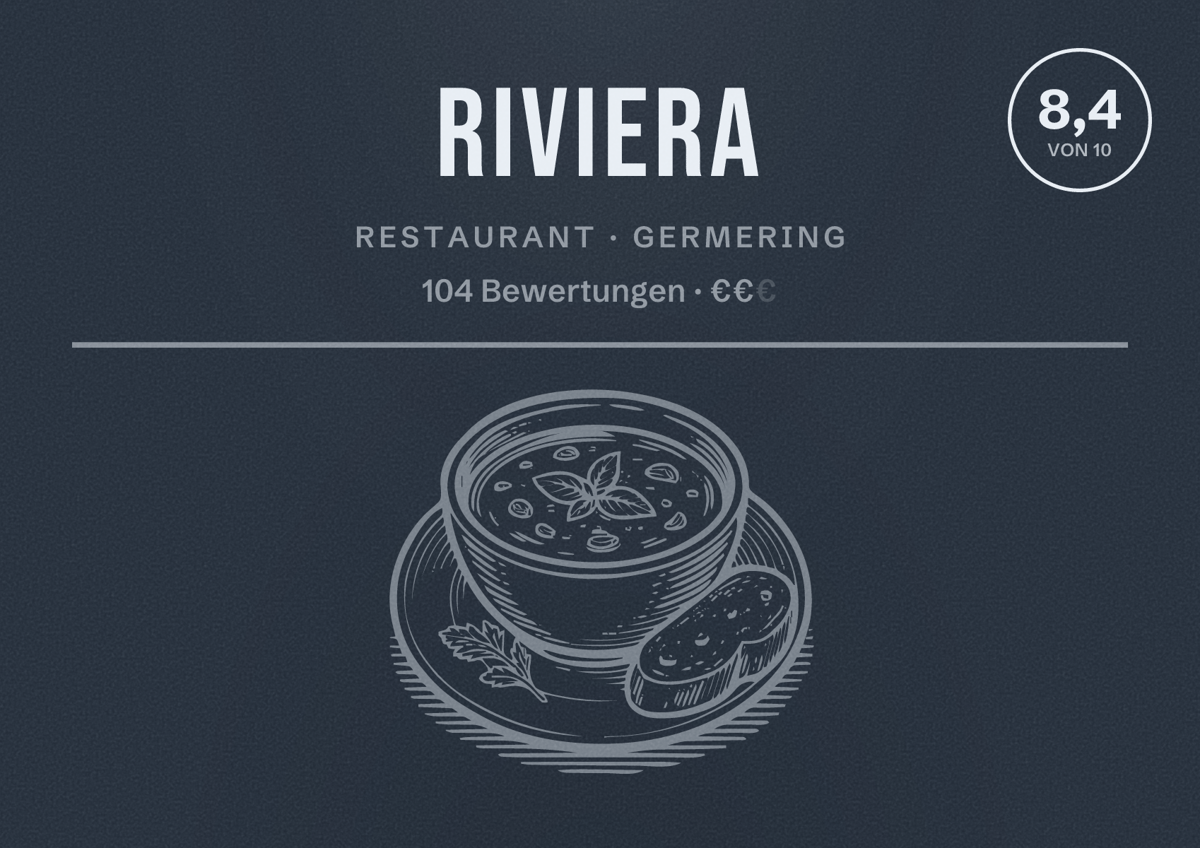 Illustriertes Poster von RIVIERA, Restaurant in Germering: Bewertung 8,4 von 10 aus 104 Bewertungen, Preisniveau €€