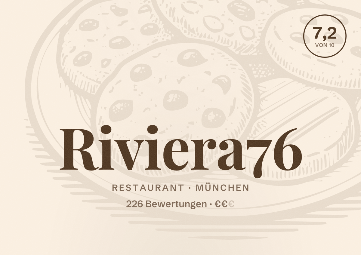 Illustriertes Poster von Riviera76, Restaurant in München: Bewertung 7,2 von 10 aus 226 Bewertungen, Preisniveau €€