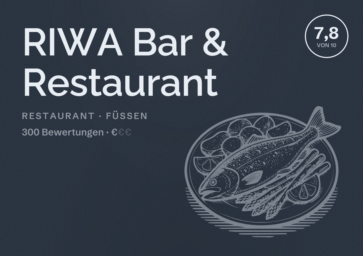 Illustriertes Poster von RIWA Bar & Restaurant, Restaurant in Füssen: Bewertung 7,8 von 10 aus 300 Bewertungen, Preisniveau €