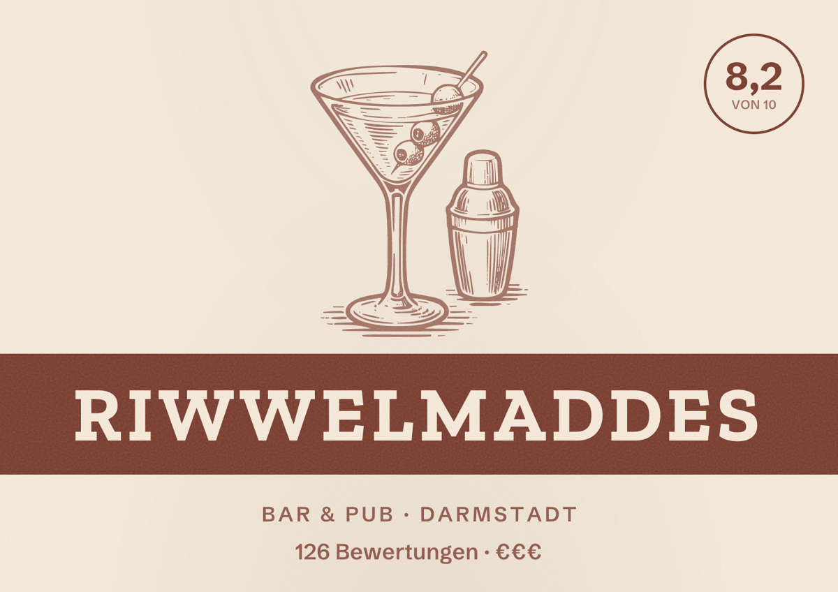 Illustriertes Poster von Riwwelmaddes, Bar & Pub in Darmstadt: Bewertung 8,2 von 10 aus 126 Bewertungen, Preisniveau €€€