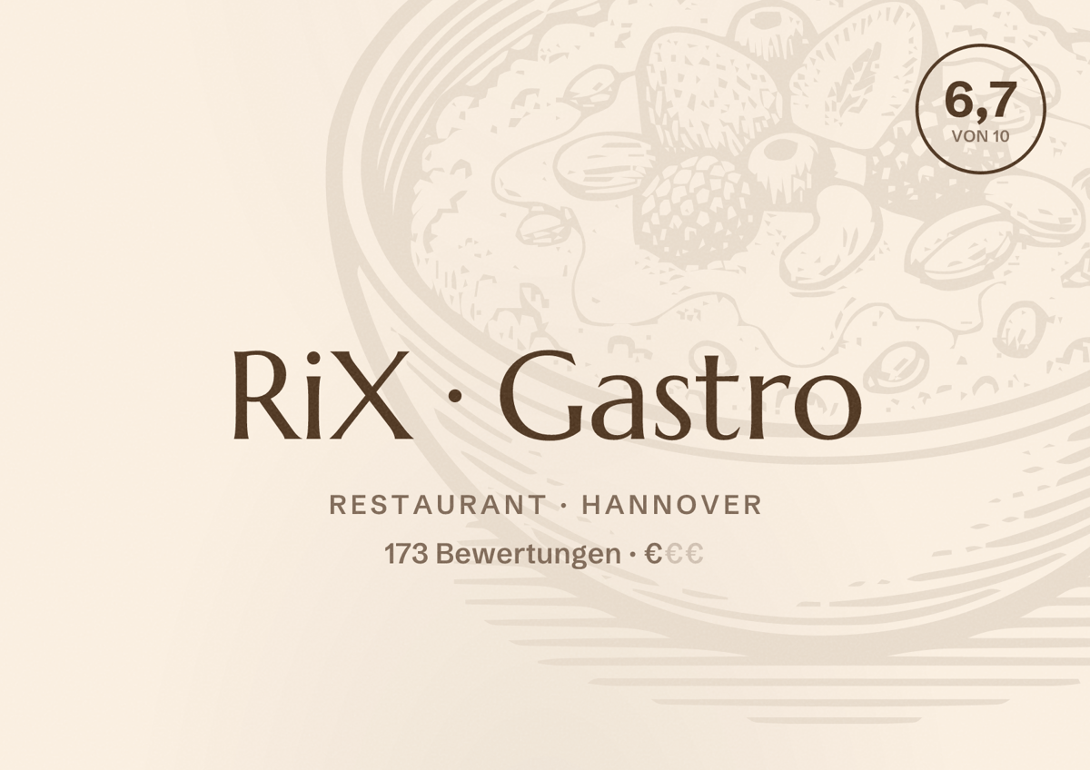 Illustriertes Poster von RiX Gastro, Restaurant in Hannover: Bewertung 6,7 von 10 aus 173 Bewertungen, Preisniveau €