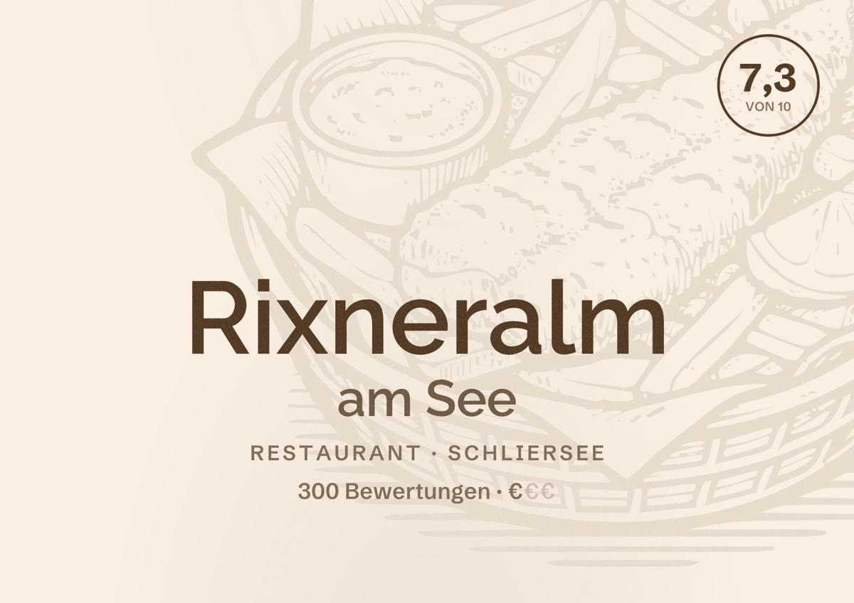 Illustriertes Poster von Rixneralm am See, Restaurant in Schliersee: Bewertung 7,3 von 10 aus 300 Bewertungen, Preisniveau €