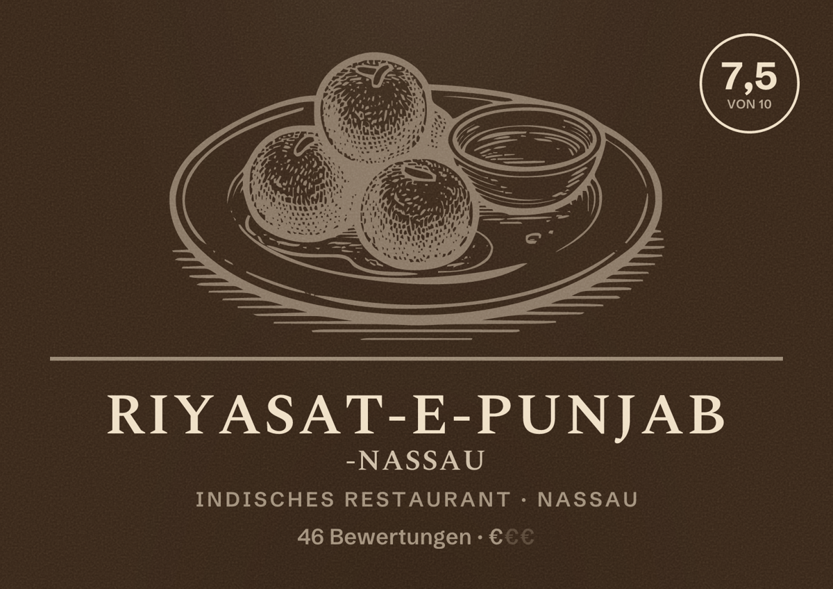 Illustriertes Poster von Riyasat-E-Punjab -Nassau, Indisches Restaurant in Nassau: Bewertung 7,5 von 10 aus 46 Bewertungen, Preisniveau €
