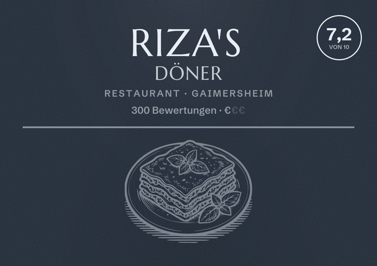 Illustriertes Poster von Riza's Döner, Restaurant in Gaimersheim: Bewertung 7,2 von 10 aus 300 Bewertungen, Preisniveau €