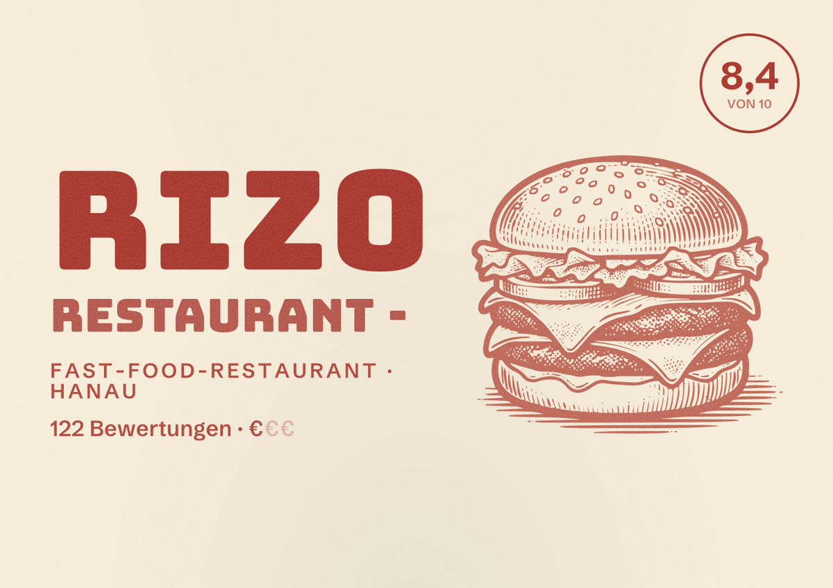 Illustriertes Poster von Rizo Restaurant -, Fast-Food-Restaurant in Hanau: Bewertung 8,4 von 10 aus 122 Bewertungen, Preisniveau €