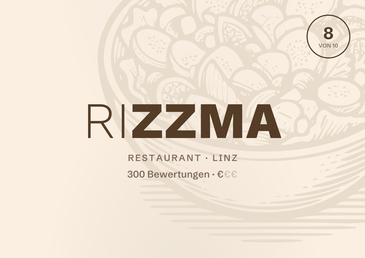 Illustriertes Poster von Rizzma, Restaurant in Linz: Bewertung 8 von 10 aus 300 Bewertungen, Preisniveau €