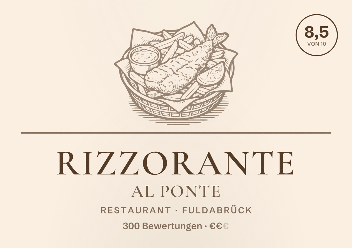 Illustriertes Poster von Rizzorante Al Ponte, Restaurant in Fuldabrück: Bewertung 8,5 von 10 aus 300 Bewertungen, Preisniveau €€