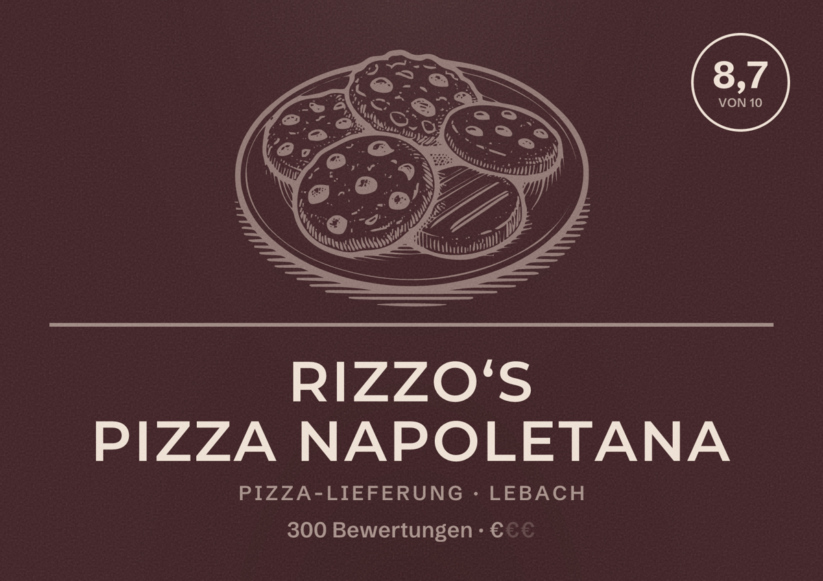 Illustriertes Poster von Rizzo‘s Pizza Napoletana, Pizza-Lieferung in Lebach: Bewertung 8,7 von 10 aus 300 Bewertungen, Preisniveau €