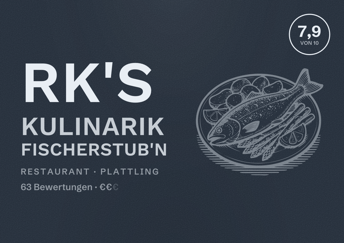 Illustriertes Poster von RK's Kulinarik Fischerstub'n, Restaurant in Plattling: Bewertung 7,9 von 10 aus 63 Bewertungen, Preisniveau €€