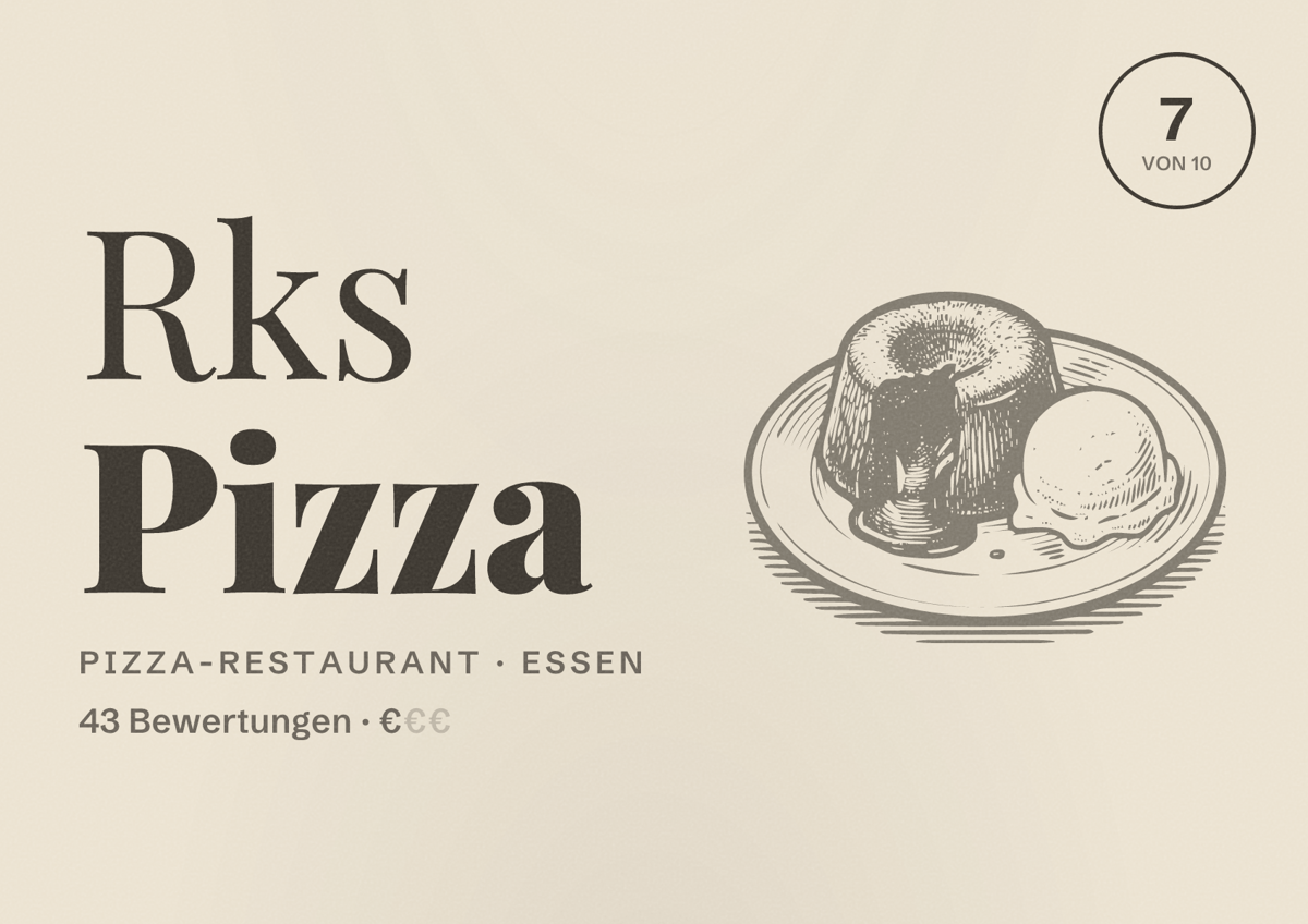 Illustriertes Poster von Rks Pizza, Pizza-Restaurant in Essen: Bewertung 7 von 10 aus 43 Bewertungen, Preisniveau €