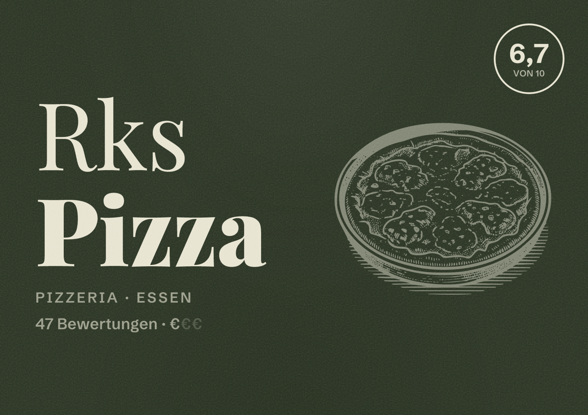 Illustriertes Poster von Rks Pizza, Pizzeria in Essen: Bewertung 6,7 von 10 aus 47 Bewertungen, Preisniveau €
