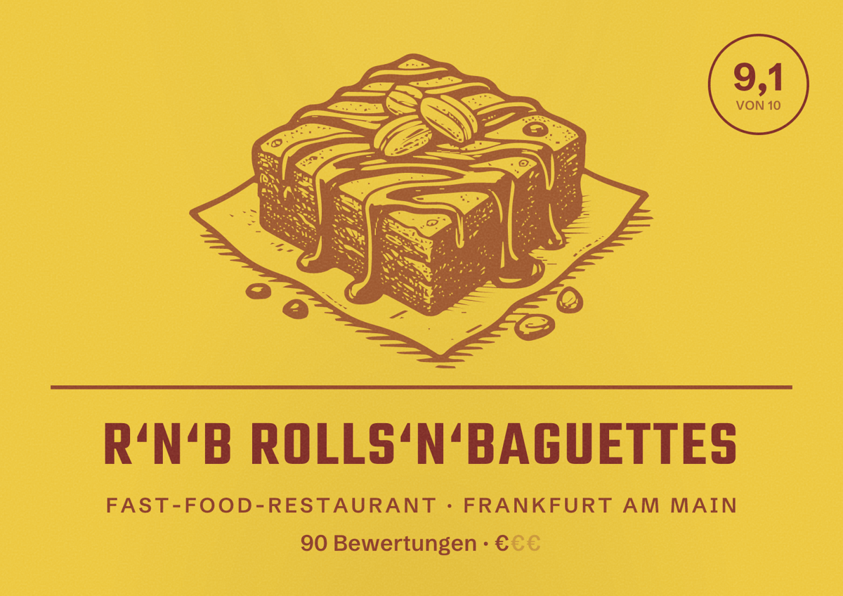 Illustriertes Poster von R‘N‘B Rolls‘N‘Baguettes, Fast-Food-Restaurant in Frankfurt am Main: Bewertung 9,1 von 10 aus 90 Bewertungen, Preisniveau €