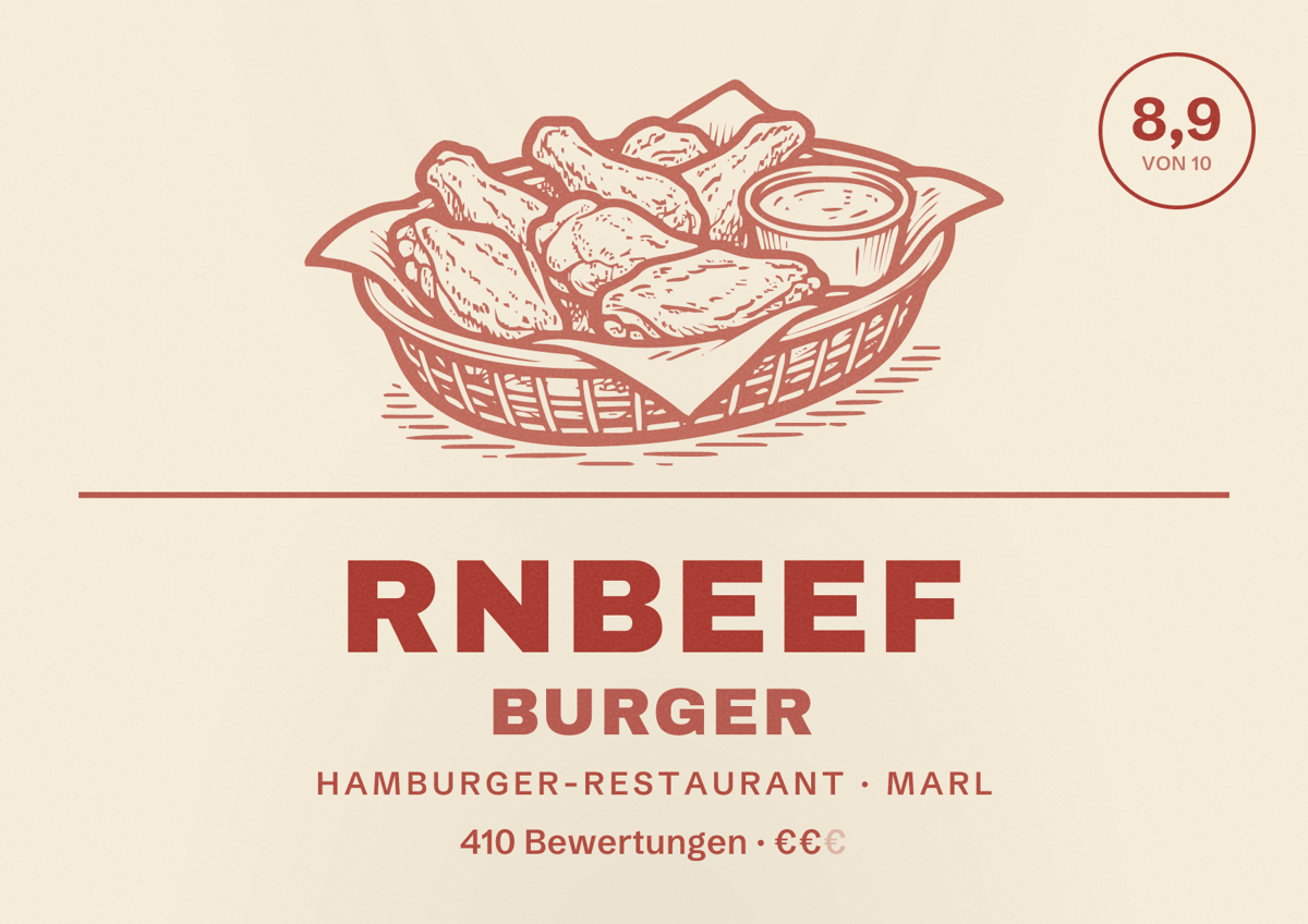 Illustriertes Poster von RnBeef Burger, Hamburger-Restaurant in Marl: Bewertung 8,9 von 10 aus 410 Bewertungen, Preisniveau €€