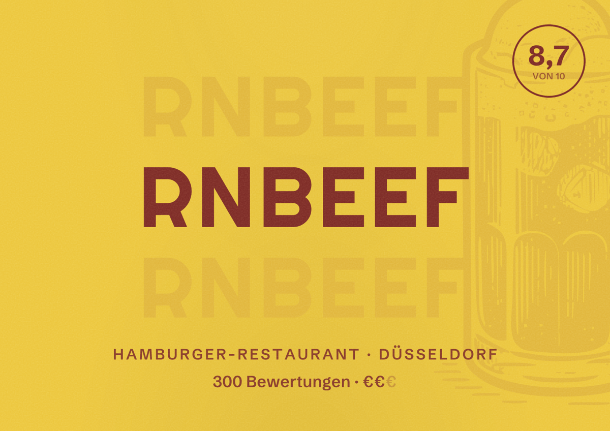 Illustriertes Poster von RnBeef, Hamburger-Restaurant in Düsseldorf: Bewertung 8,7 von 10 aus 300 Bewertungen, Preisniveau €€