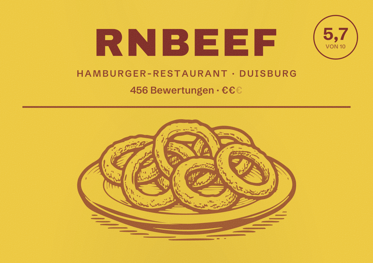 Illustriertes Poster von RnBeef, Hamburger-Restaurant in Duisburg: Bewertung 5,7 von 10 aus 456 Bewertungen, Preisniveau €€
