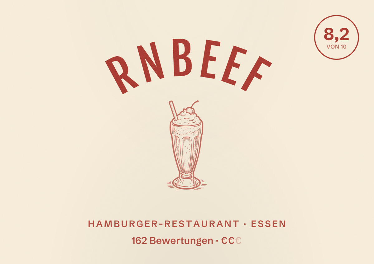 Illustriertes Poster von RnBeef, Hamburger-Restaurant in Essen: Bewertung 8,2 von 10 aus 162 Bewertungen, Preisniveau €€