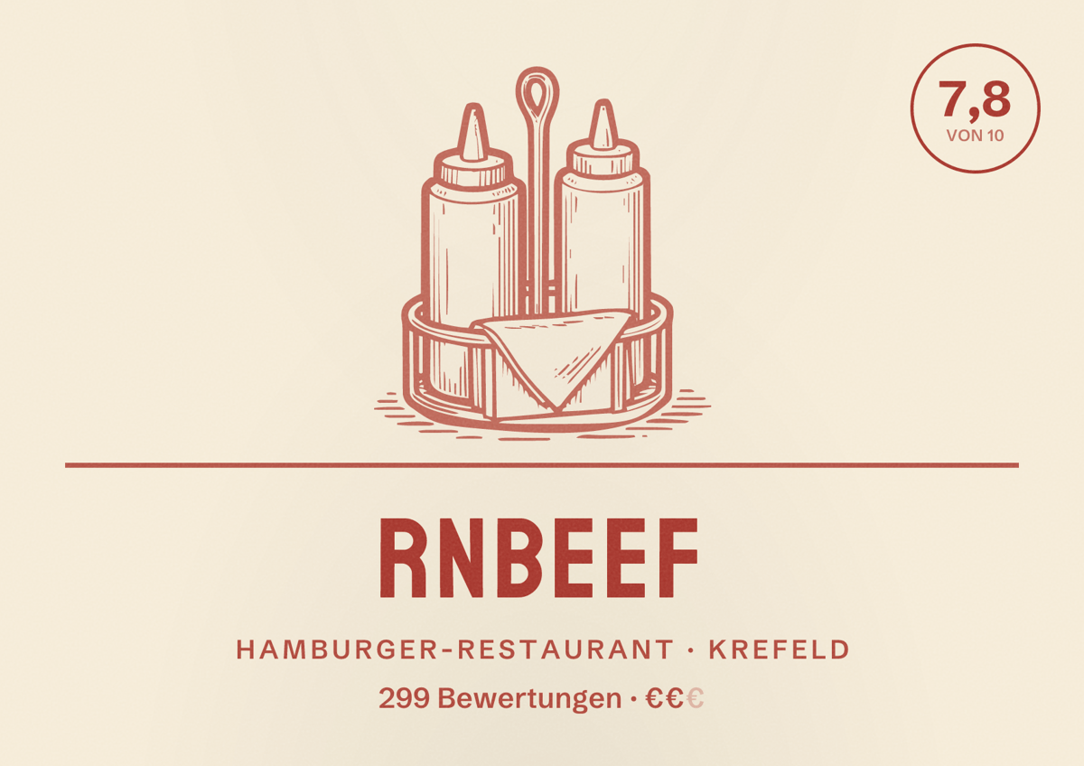 Illustriertes Poster von RnBeef, Hamburger-Restaurant in Krefeld: Bewertung 7,8 von 10 aus 299 Bewertungen, Preisniveau €€