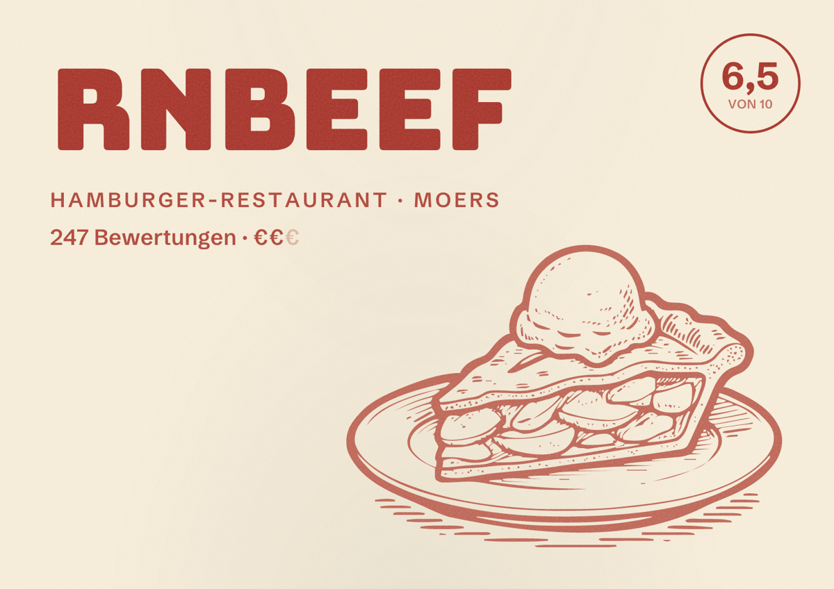 Illustriertes Poster von RnBeef, Hamburger-Restaurant in Moers: Bewertung 6,5 von 10 aus 247 Bewertungen, Preisniveau €€