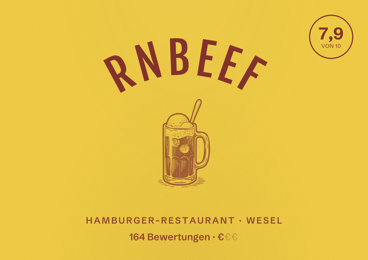 Illustriertes Poster von RnBeef, Hamburger-Restaurant in Wesel: Bewertung 7,9 von 10 aus 164 Bewertungen, Preisniveau €