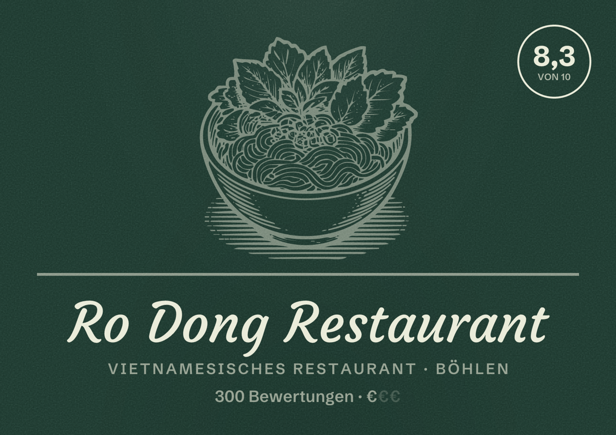 Illustriertes Poster von Ro Dong Restaurant, Vietnamesisches Restaurant in Böhlen: Bewertung 8,3 von 10 aus 300 Bewertungen, Preisniveau €