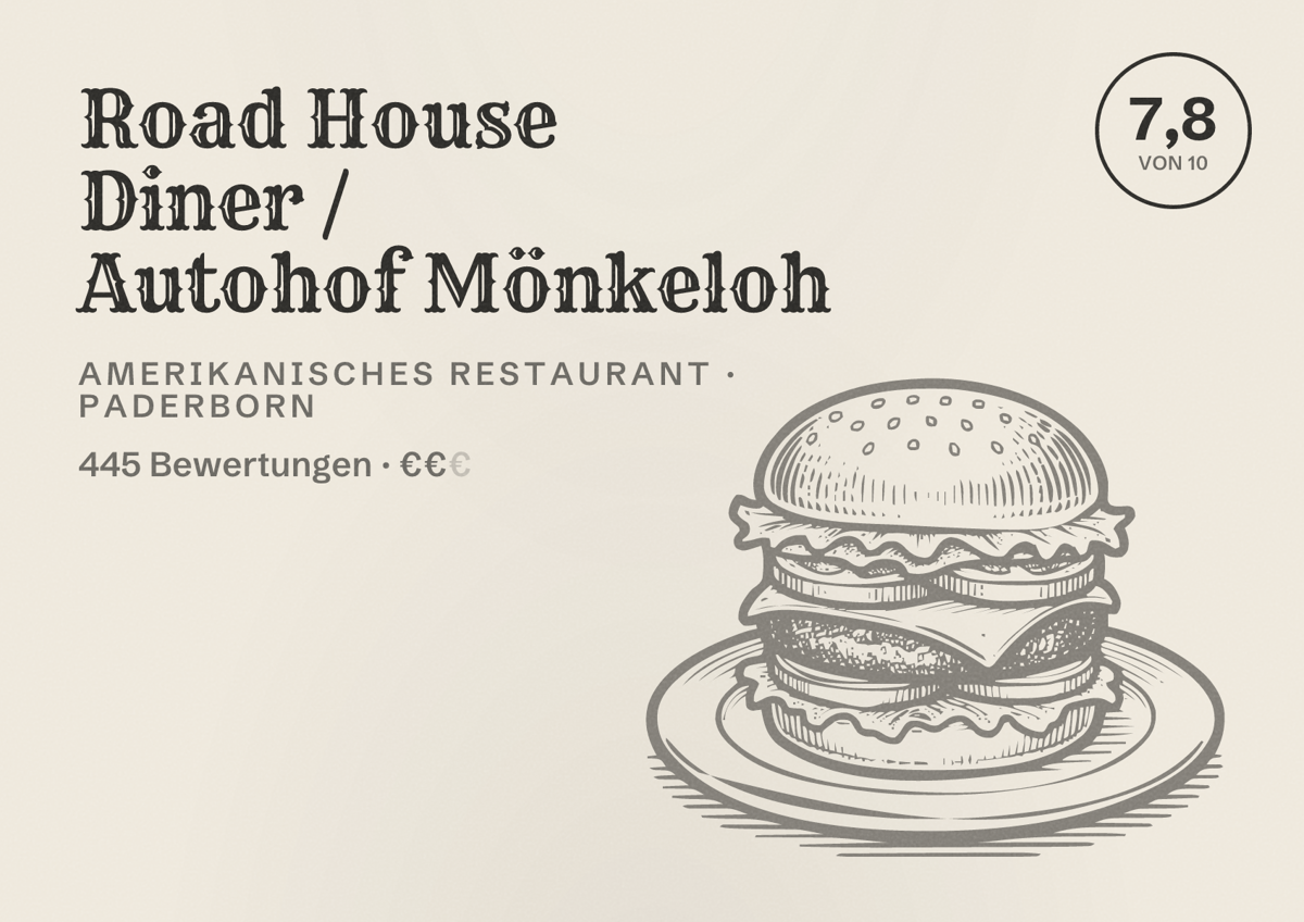 Illustriertes Poster von Road House Diner / Autohof Mönkeloh, Amerikanisches Restaurant in Paderborn: Bewertung 7,8 von 10 aus 445 Bewertungen, Preisniveau €€