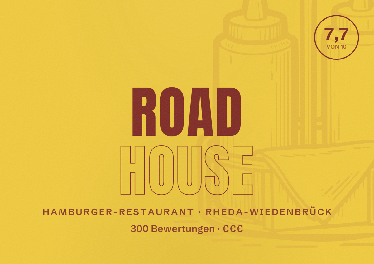 Illustriertes Poster von Road House, Hamburger-Restaurant in Rheda-Wiedenbrück: Bewertung 7,7 von 10 aus 300 Bewertungen, Preisniveau €€€