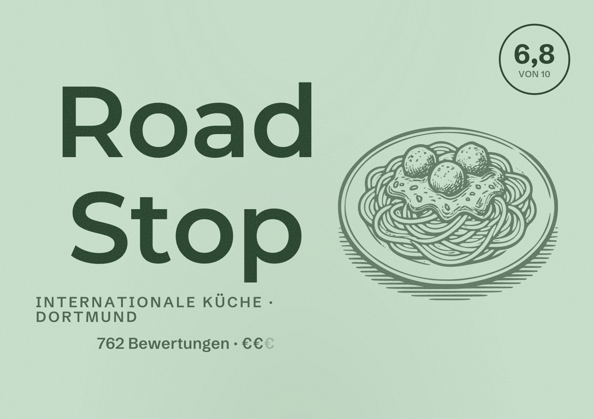 Illustriertes Poster von Road Stop, Internationale Küche in Dortmund: Bewertung 6,8 von 10 aus 762 Bewertungen, Preisniveau €€