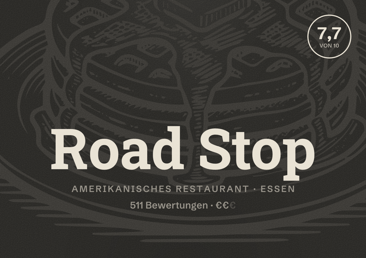 Illustriertes Poster von Road Stop, Amerikanisches Restaurant in Essen: Bewertung 7,7 von 10 aus 511 Bewertungen, Preisniveau €€