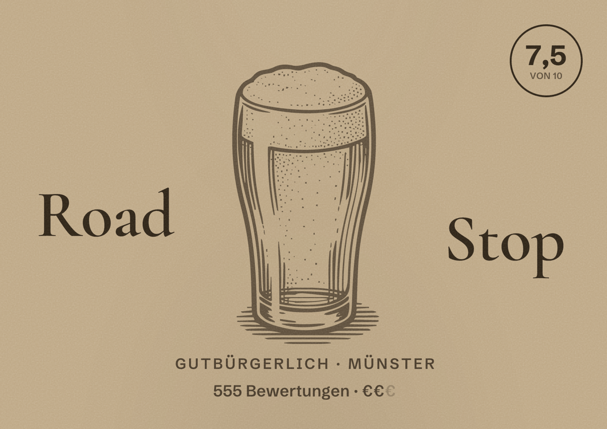 Illustriertes Poster von Road Stop, Gutbürgerlich in Münster: Bewertung 7,5 von 10 aus 555 Bewertungen, Preisniveau €€