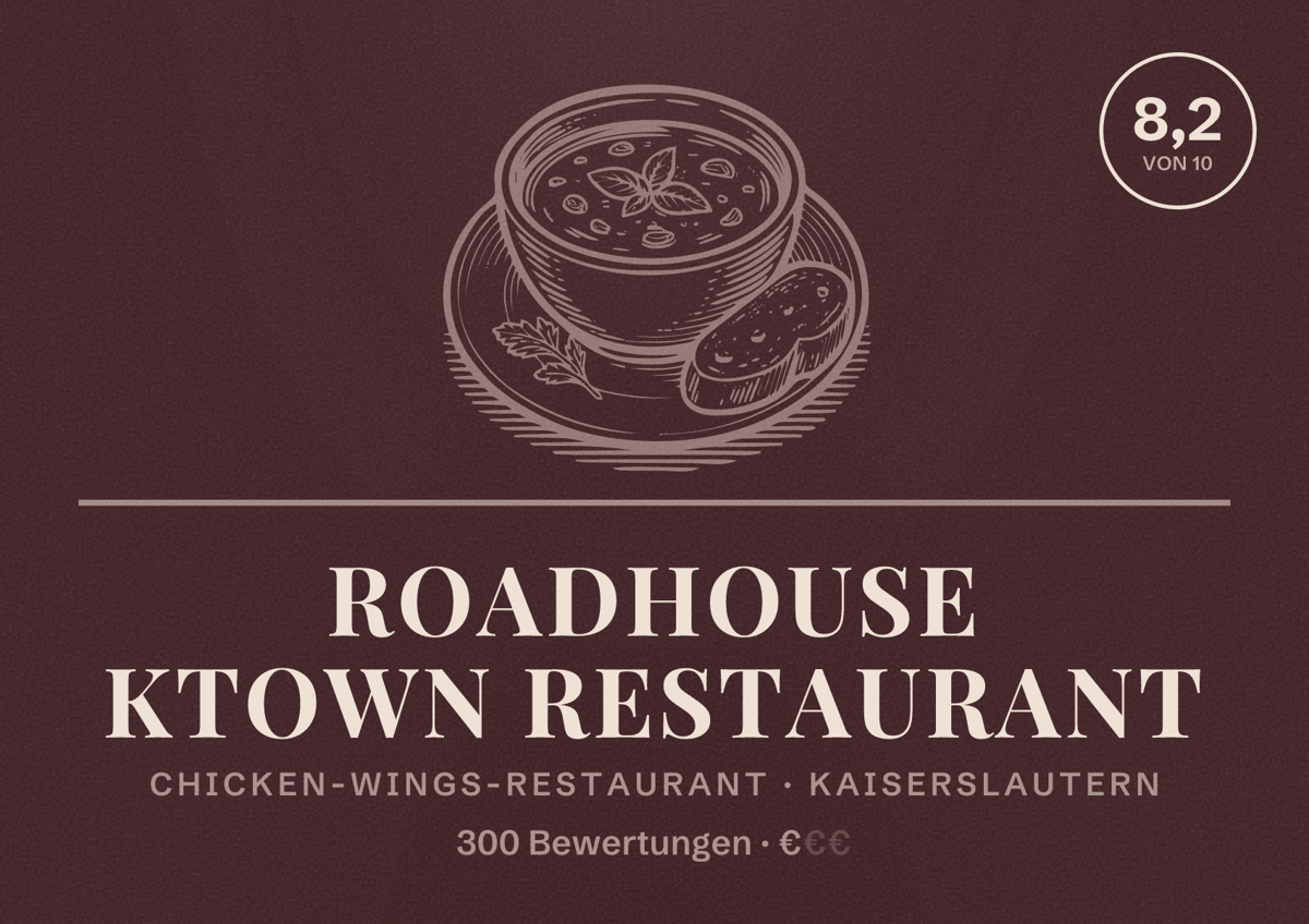 Illustriertes Poster von Roadhouse Ktown Restaurant, Chicken-Wings-Restaurant in Kaiserslautern: Bewertung 8,2 von 10 aus 300 Bewertungen, Preisniveau €