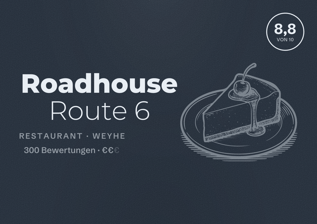 Illustriertes Poster von Roadhouse Route 6, Restaurant in Weyhe: Bewertung 8,8 von 10 aus 300 Bewertungen, Preisniveau €€