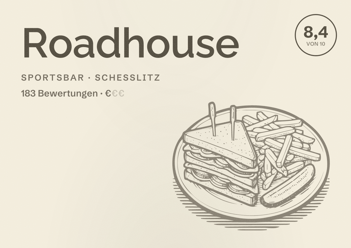 Illustriertes Poster von Roadhouse, Sportsbar in Scheßlitz: Bewertung 8,4 von 10 aus 183 Bewertungen, Preisniveau €