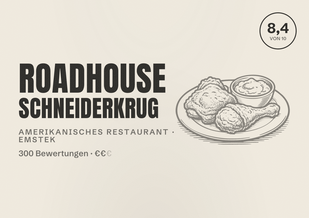 Illustriertes Poster von Roadhouse Schneiderkrug, Amerikanisches Restaurant in Emstek: Bewertung 8,4 von 10 aus 300 Bewertungen, Preisniveau €€