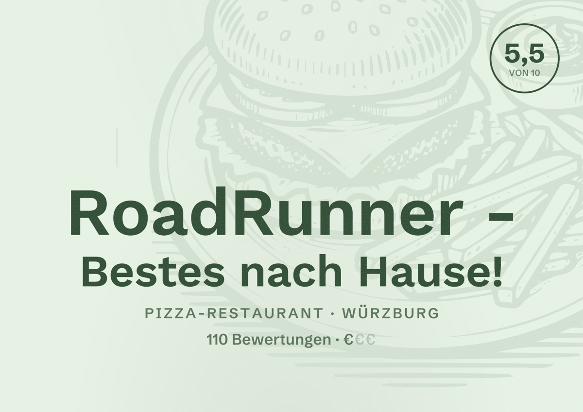 Illustriertes Poster von RoadRunner - Bestes nach Hause!, Pizza-Restaurant in Würzburg: Bewertung 5,5 von 10 aus 110 Bewertungen, Preisniveau €