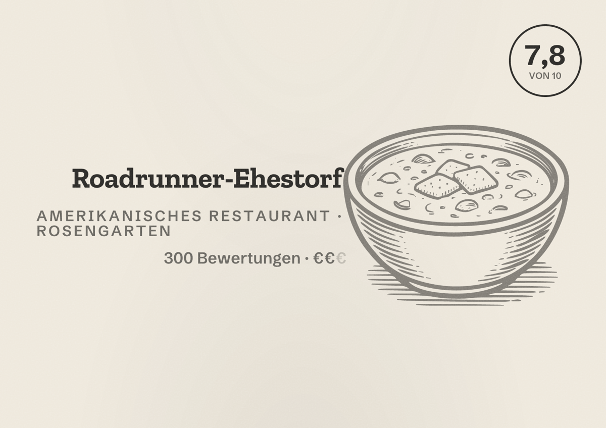 Illustriertes Poster von Roadrunner-Ehestorf, Amerikanisches Restaurant in Rosengarten: Bewertung 7,8 von 10 aus 300 Bewertungen, Preisniveau €€
