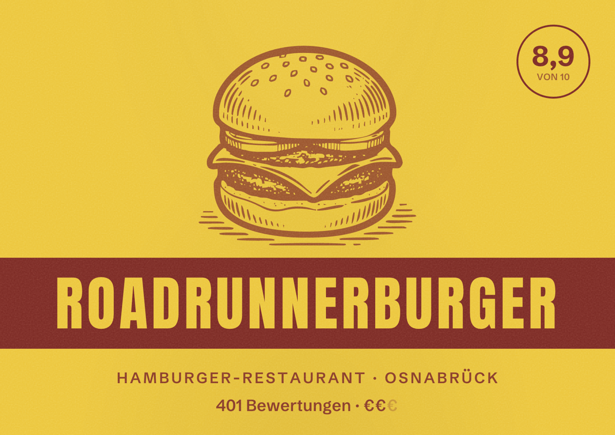 Illustriertes Poster von Roadrunnerburger, Hamburger-Restaurant in Osnabrück: Bewertung 8,9 von 10 aus 401 Bewertungen, Preisniveau €€