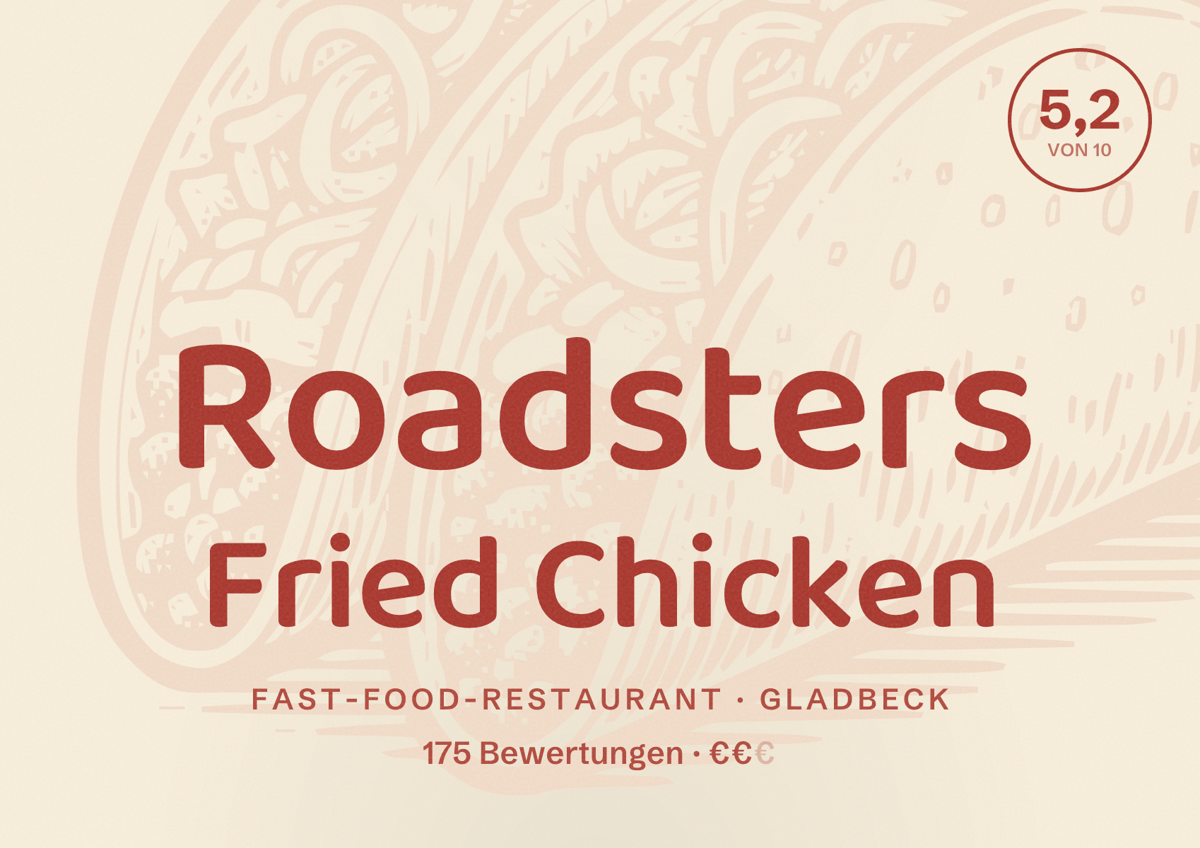 Illustriertes Poster von Roadsters Fried Chicken, Fast-Food-Restaurant in Gladbeck: Bewertung 5,2 von 10 aus 175 Bewertungen, Preisniveau €€